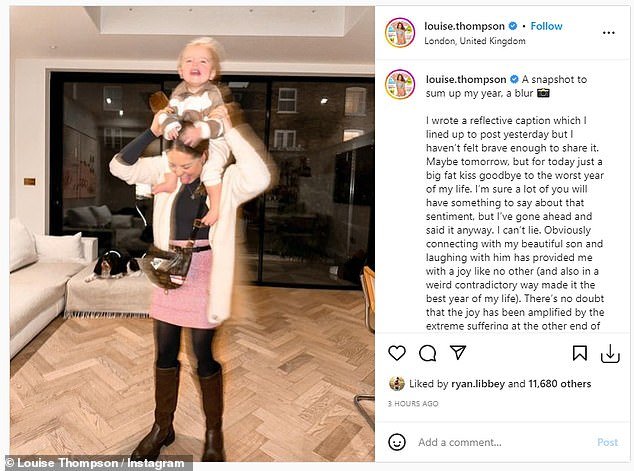 On reflection: The former Made In Chelsea star took to Instagram to post a sweet photo of herself and her beloved son  However, the blurry image was a clue to followers as to how the year of stars has felt as the New Year's post caption kicked off with 