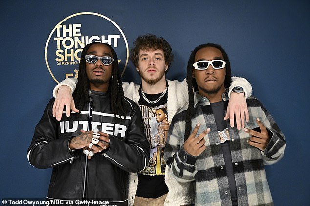 Thug life: From left, Quavo, Jack Harlow and musical guest Takeoff pose together backstage in October