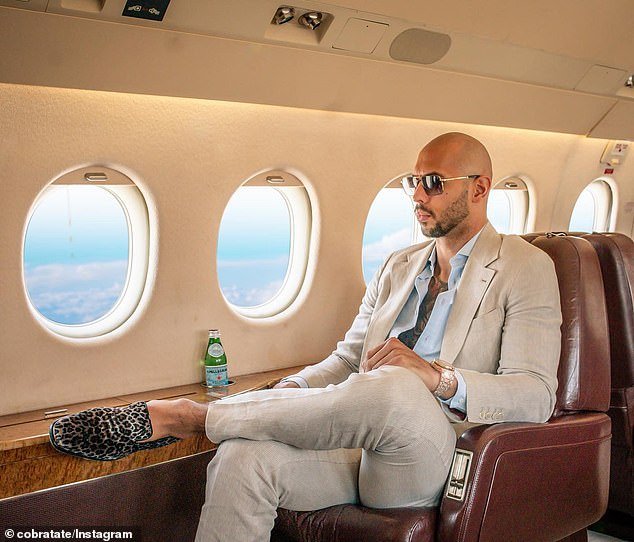 Tate (pictured on a private jet) is alleged to have forced women to create pornographic content against their will.