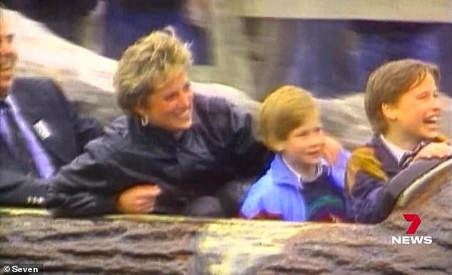Some viewers may have found the juxtaposition tasteless given that Diana was killed in a car crash in Paris 25 years ago, a tragedy that still haunts her youngest son.  (Pictured: A still from the 7News promo showing Diana with hers sons Harry and William)