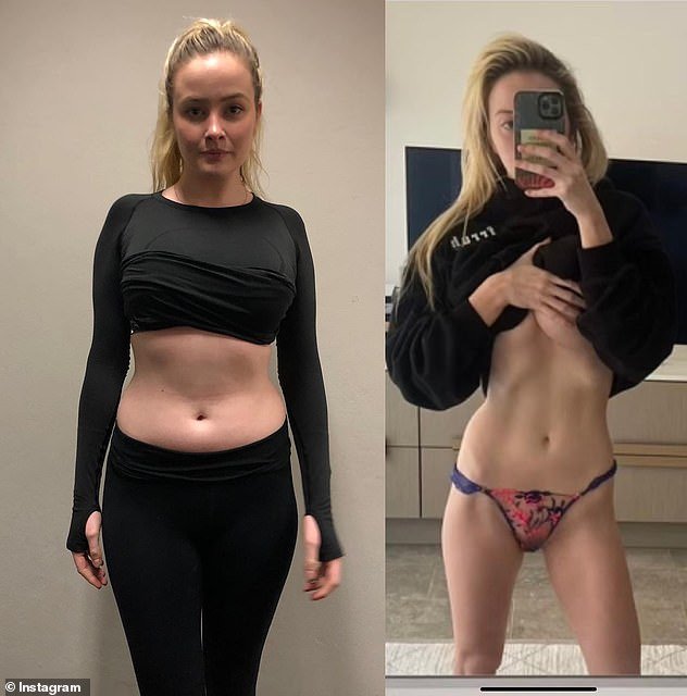 Simone debuted her body transformation in August, after slimming down over the course of 10 months with the help of her personal trainer boyfriend, Jono Castano.  (Pictured on the left before her weight loss and on the right in August after losing 10 kg)