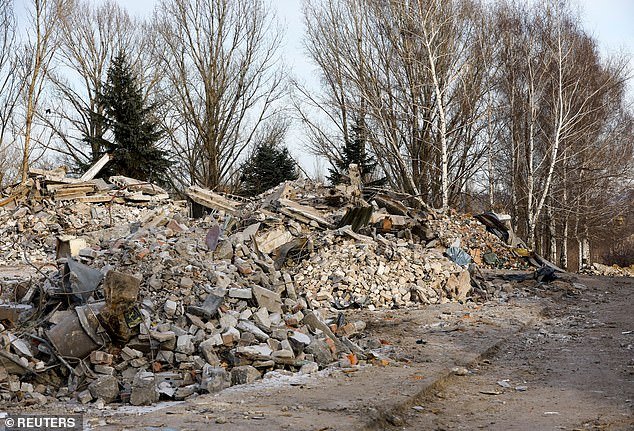 A view shows debris of a destroyed building purported to be a vocational college used as temporary accommodation for Russian soldiers