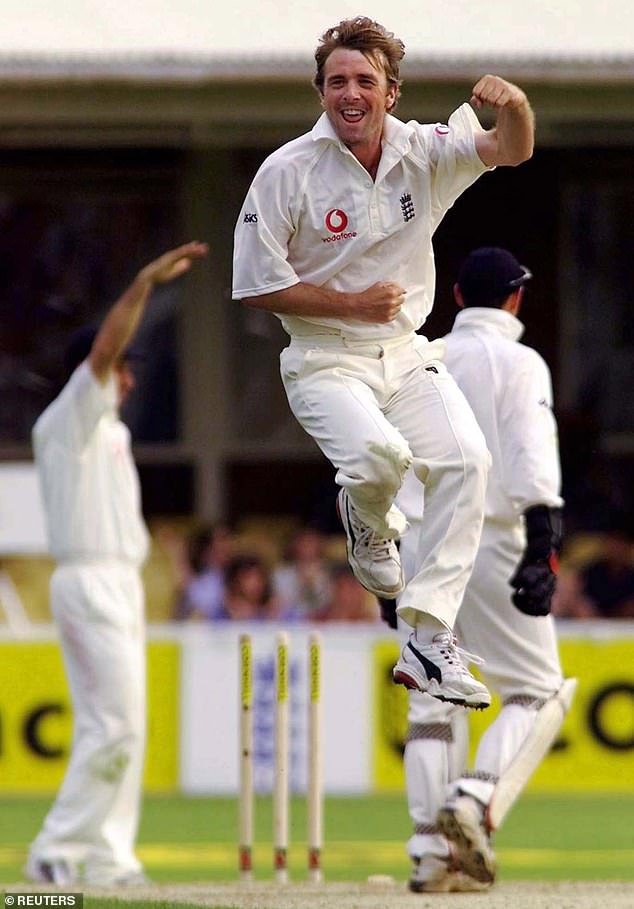 Tufnell said: 'No one likes to lose their hair and I don't think the shape of my face is suited to a receding hairline. But my main reason is that I wanted a nice head of hair.' Pictured: Tufnell celebrates taking the wicket in 1999