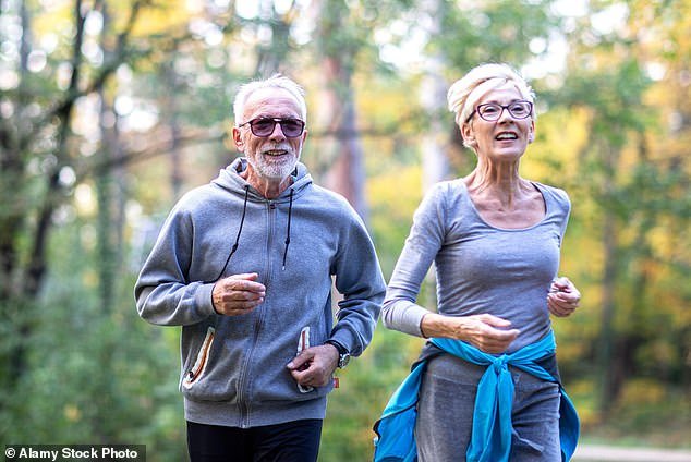 Life expectancy is heavily impacted by people's lifestyle. Pictured: An elderly couple go for a jog (file photo). Regions with poor access to healthcare and recreation see shorter lifetimes
