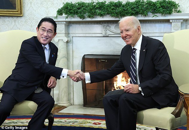 But Biden's act is just a thin veil. The truth is the reporters get to him because he can't take the heat. He's scared to open his mouth. (Above) Biden and Japanese Prime Minister Kishida Fumio shake hands at the White House on January 13, 2023