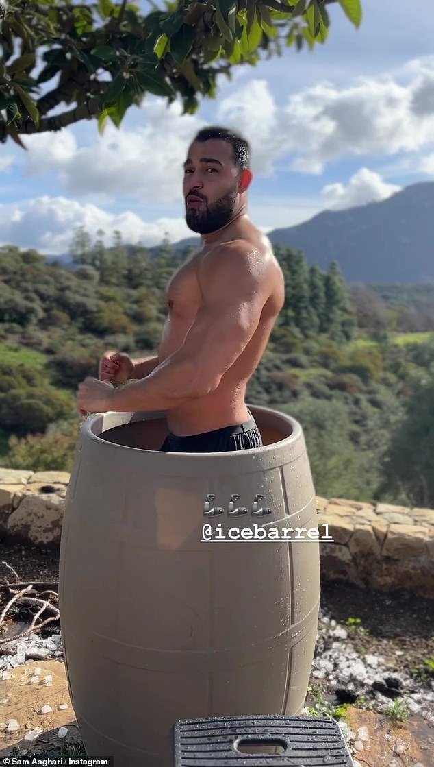 Icy: Meanwhile, her husband Sam Asghari, 28, shared a clip of himself taking an ice bath on Wednesday, a day after Spears made headlines for her post about Justin