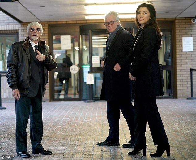 Bernie Ecclestone (left) arrives at Southwark Crown Court, London, for a hearing;  in the photo on the right is his wife Fabiana Flosi