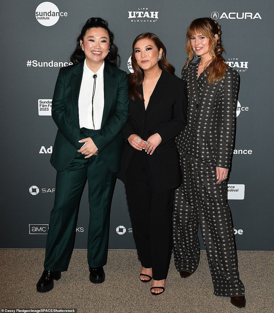 Talented trio: The Velma guest star wasn't the only one who opted for menswear, as her co-stars Sherry Cola (L) and Ally Maki (M), who play Alice and Miko, also wore black suits for the festivities.