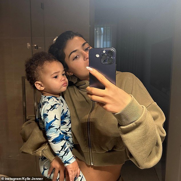 The Los Angeles-born makeup mogul showed pictures of her son with the caption 'AIR'