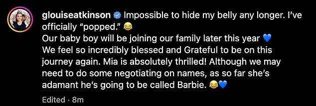 Adorable: In a caption, Gemma said her three-year-old daughter Mia is 'thrilled' at the news and joked that her son would be named 'Barbie' if it were after her daughter