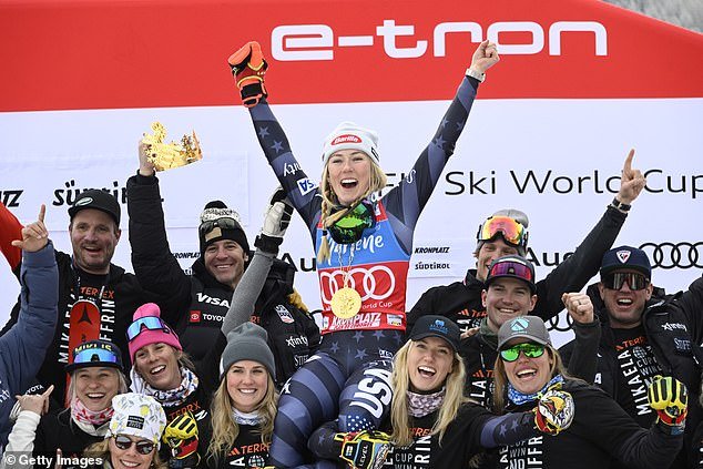 Team Mikaela Shiffrin takes first place and breaks Lindsey Vonn's Alpine Ski World Cup record for wins (83) during the Audi FIS Alpine Ski World Cup Women's Giant Slalom on Tuesday.