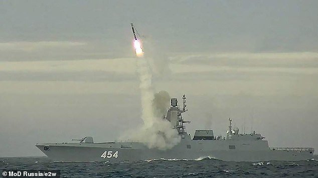 Russia's Admiral Gorshkov is pictured during a test launch of its Zircon missiles in the Barents Sea