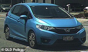 Murdok is believed to be driving a blue Honda Jazz with Queensland registration 952AT4 (above)