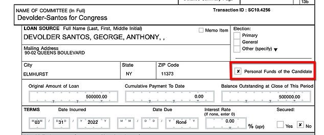 THE ORIGINAL: A mid-September FEC filing shows the source of a $500,000 loan to Santos' campaign is Santos' 'personal candidate funds'