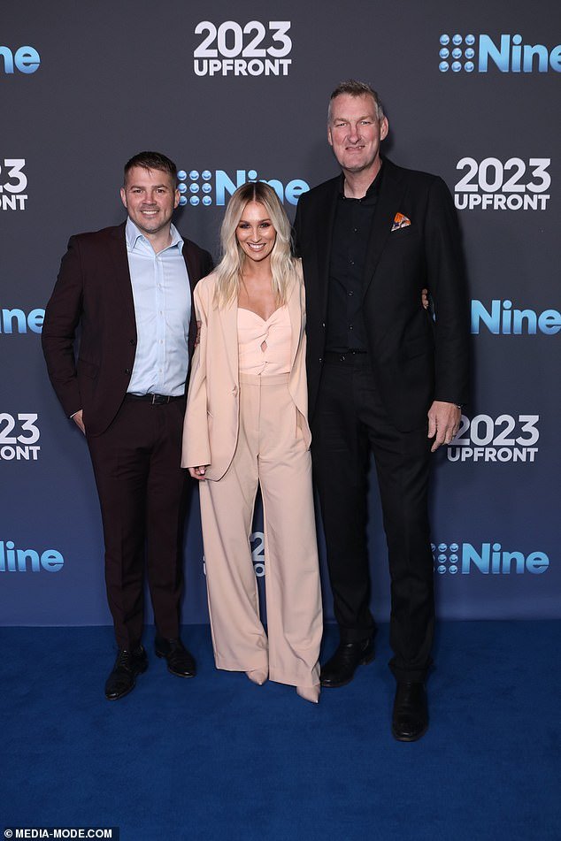 Drew Mitchell (left) with fellow rugby commentators Alana Ferguson and Justin Harrison.  Mitchell said officials need to be very careful when making changes to address the laws.