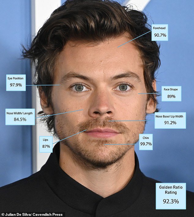 Harry Styles was ranked fourth and scored a near perfect 99.7 percent for his chin and was second highest for the space between his eyes.