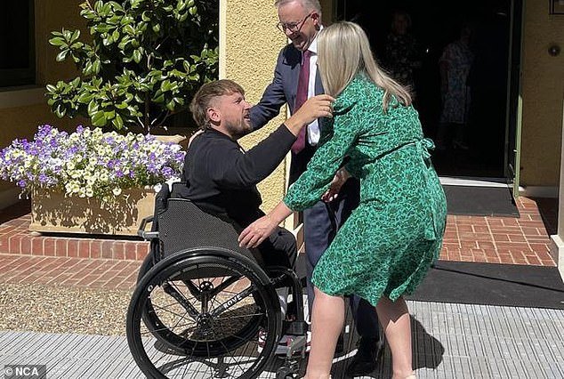 'There's trouble here,' Albanese said as he warmly welcomed Alcott, to which the 32-year-old replied that he was going to 'pick a room'.  Pictured: Alcott being greeted by the Albanese Prime Minister and his partner Jodie Haydon