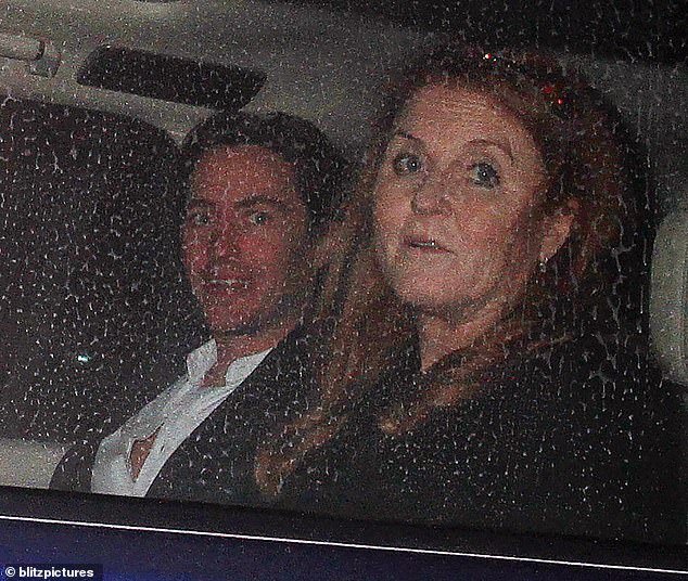 Sarah Ferguson, 63, (right) and Princess Beatrice's husband Edoardo Mapelli (left) were later seen coming home from the private club Maison Estelle.