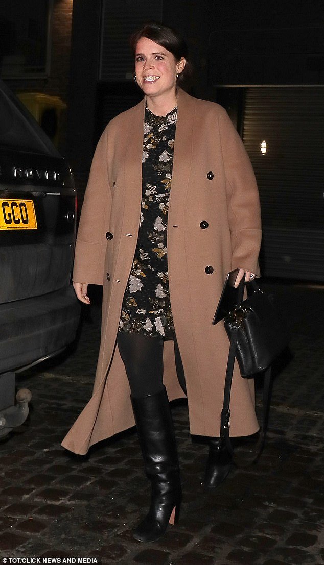Eugenie looked chic in a chic camel coat that she teamed with a floral dress and black leather boots.