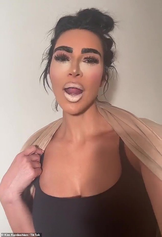 Hilarious: In another surprising and hilarious TikTok video, Kim took part in Tuesday's 'chav' makeup trend