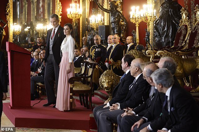 The King and Queen took their seats in the center of the room before Felipe delivered a speech to the diplomats present.