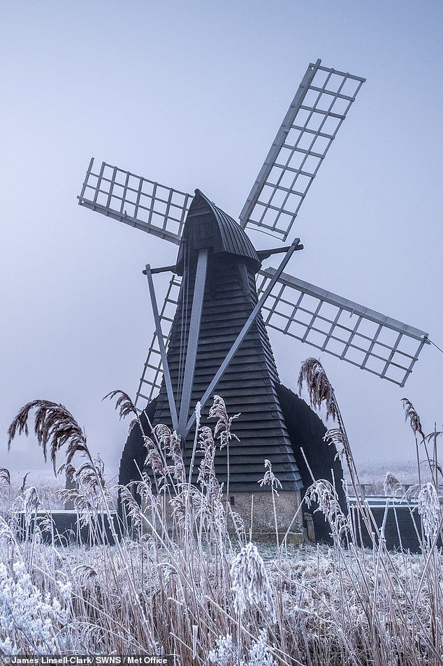 Wintry conditions have gripped parts of the UK, with this windmill coated with an icy glaze overnight