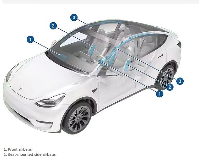 The Tesla Model Y, which is the vehicle the family was traveling in, has multiple airbags.  There are front airbags, seat-mounted side airbags, and curtain airbags, all of which seemed to inflate.  Police have not yet confirmed whether this saved the family.
