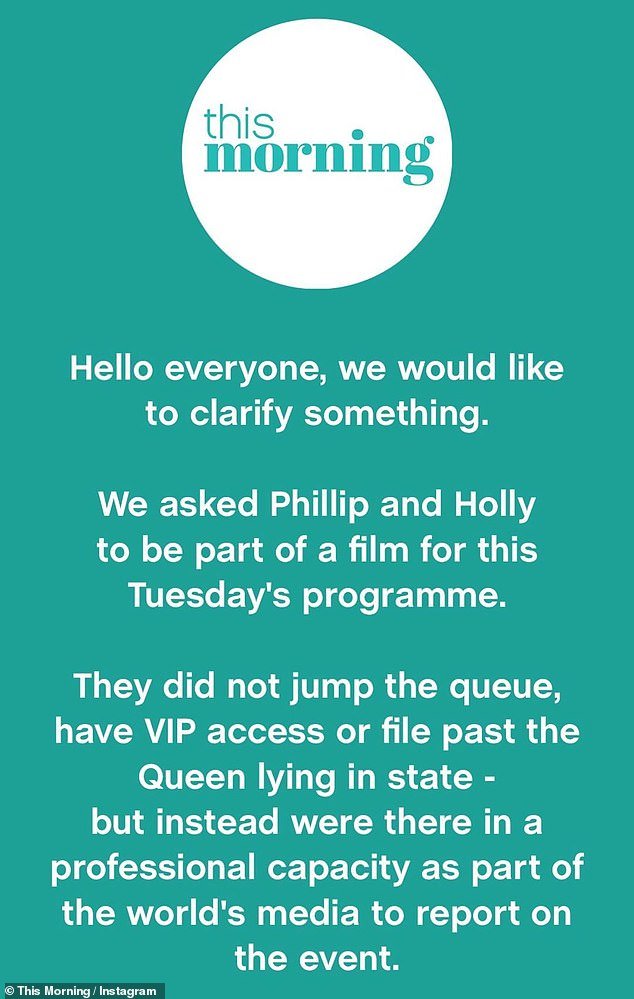 Raise your voice: This Morning bosses denied show hosts Holly and Phillip had 'VIP access' and performed 'beyond the Queen lying in state'