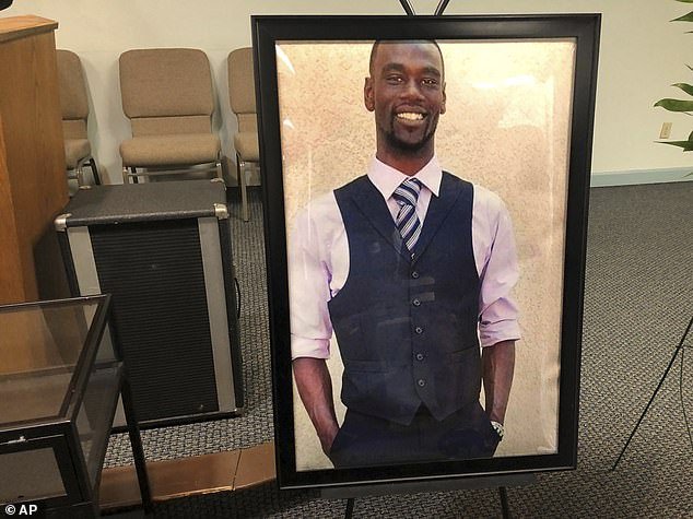 This portrait of Tire Nichols was displayed at a memorial service for him on Tuesday, January 17, 2023. Family attorney Ben Crump said police body camera footage showed Nichols shocked, pepper-sprayed and restrained. after he was stopped minutes from his home.