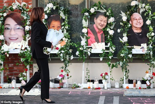 Vice President Kamala Harris brought a bouquet of flowers to a makeshift memorial outside the Star Ballroom Dance Studio while visiting Monterey Park, California on Wednesday.