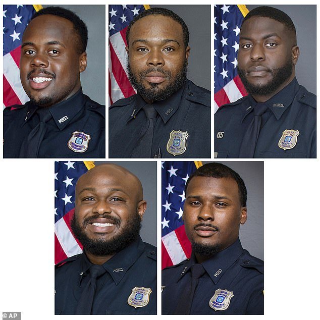 Indicted for second degree murder are (top, left to right) Tadarrius Bean, Demetrius Haley, Emmitt Martin III, and (bottom, left to right) Desmond Mills Jr. and Justin Smith