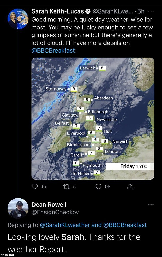 Love it: Sarah also tweeted the weather report and many fans flocked to comment on it.