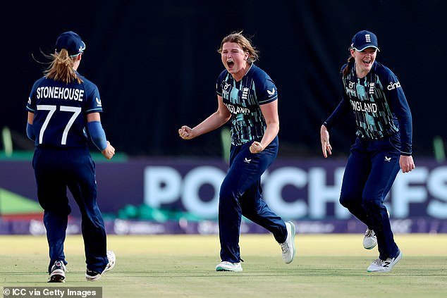 Grace Scrivens (centre) took the final wicket as England pulled off a sensational victory