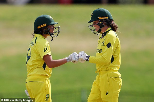Ella Hayward (left) and Claire Moore rebuild Australia's innings after a rocky start