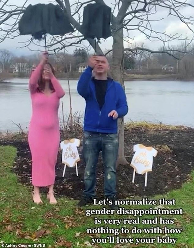 Ashley and her fiance, Heath Boyle, 27, at their gender reveal, where Ashley was initially upset that she wanted one of each: a girl and a boy.