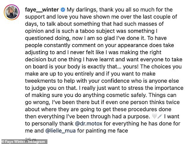 Candid: Since her interview with This Morning on the subject on Thursday, Faye has thanked her fanbase by posting directly to her 1.2 million followers on Instagram to share her gratitude for their kind words