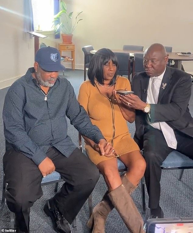President Joe Biden called Rodney Wells (left) and RowVaughn Wells (center), stepfather and mother of Tire Nichols on Friday afternoon.  They are sitting next to prominent civil rights attorney Ben Crump (right)
