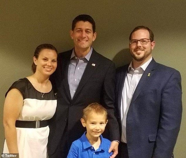 Former Speaker of the House Paul Ryan with Ashley Poulos (left), Jackson Poulos (center) and John Poulos (right)