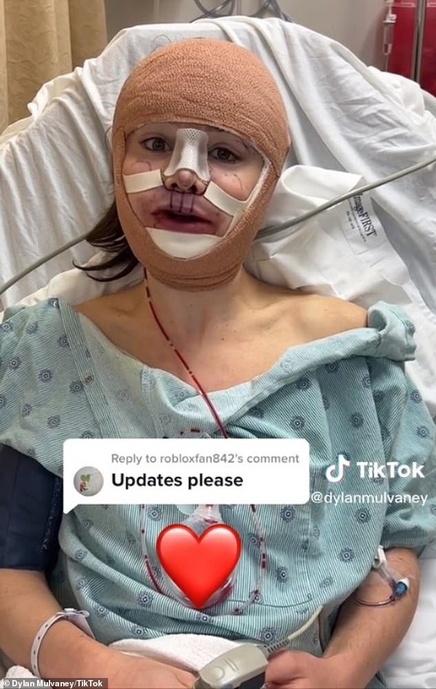 Mulvaney later posted a photo and video of herself at the hospital.  Her head was completely bandaged and her cheeks, nose and chin were covered with gauze.