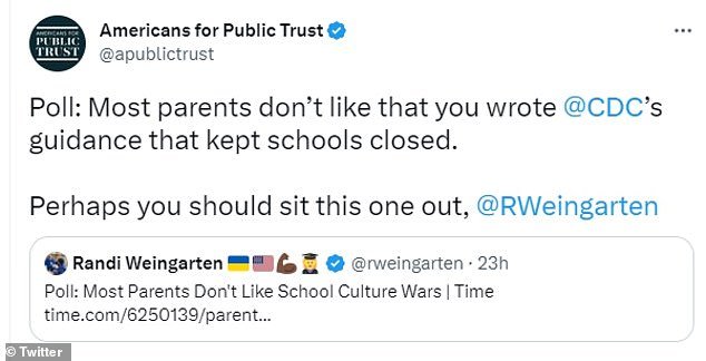 Numerous parents and education activists criticized Weingarten's tweet, and the Americans for Public Trust told her that 
