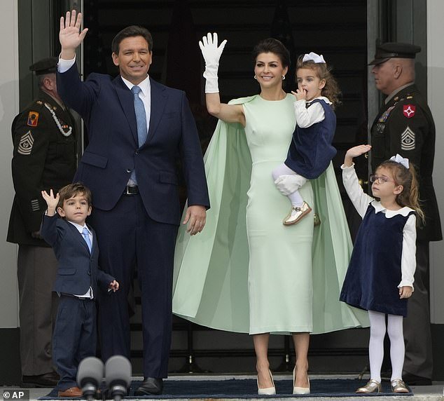Florida's governor has yet to declare his candidacy for the 2024 election, but is believed to be preparing for a White House campaign.  Pictured: DeSantis with his family after being sworn in for his second term during a January 2023 inauguration ceremony.