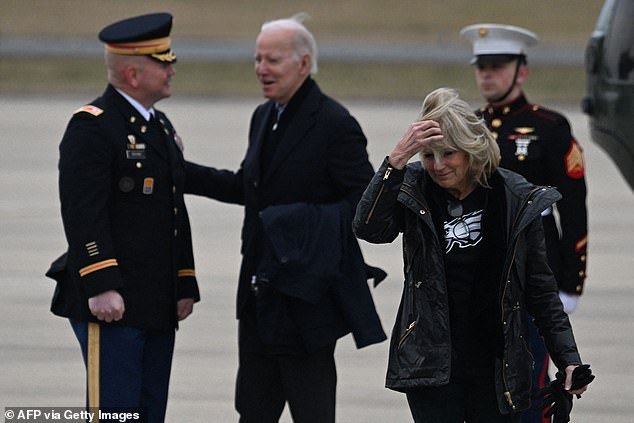US President Joe Biden and US First Lady Jill Biden arrive at the Delaware Air National Guard Base in New Castle, Delaware on Sunday.