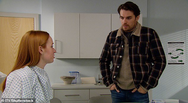 Drama: Lawrence's current storyline involves her character Mackenzie cheating on Charity (Emma Atkins) with Chloe (Jessie Elland), who is also expecting her baby (pictured on show)