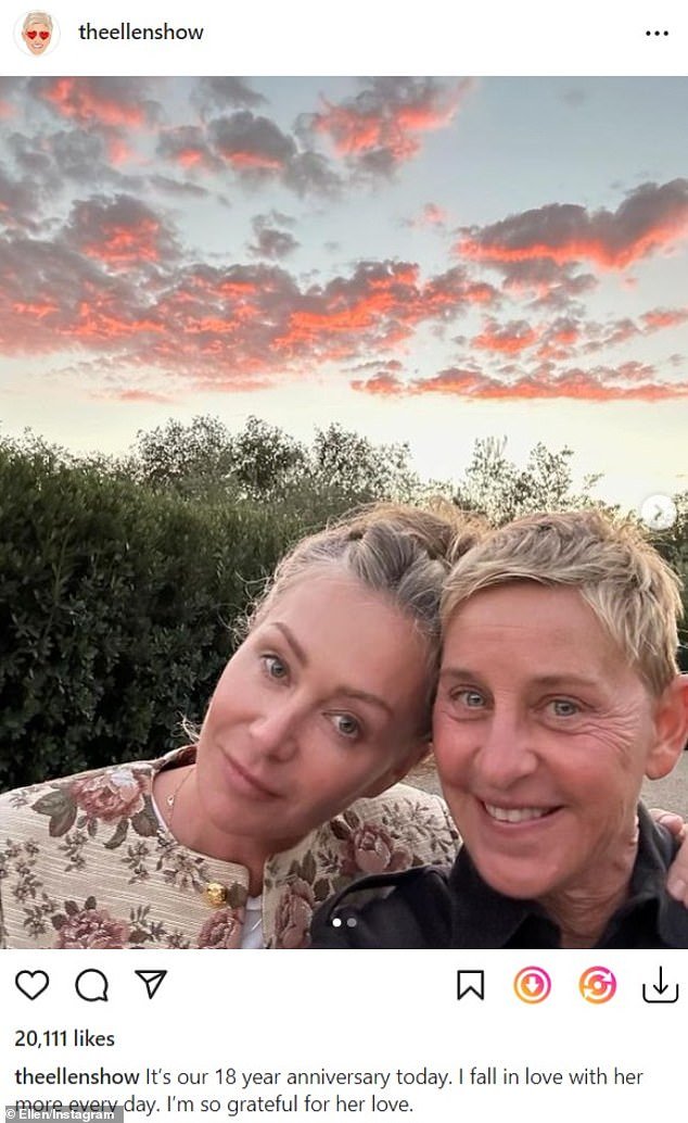 Happy: At the time, Ellen shared a heartfelt tribute on Instagram to mark their anniversary with her Instagram followers