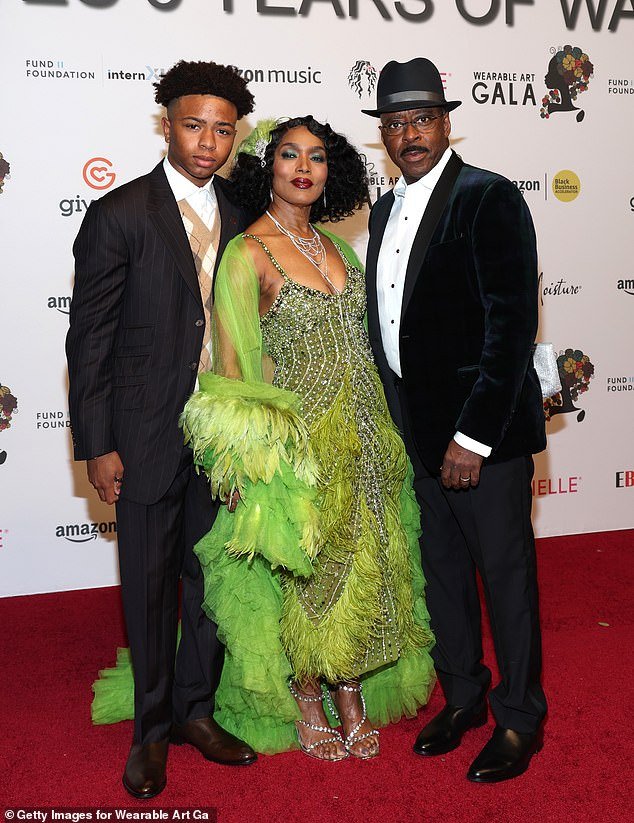 Apology: Angela Bassett's son Slater Vance, 16, has apologized to Michael B. Jordan after receiving backlash for participating in a viral TikTok trend of faking a celebrity's death;  Slater pictured with Angela and dad Courtney B. Vance in 2022
