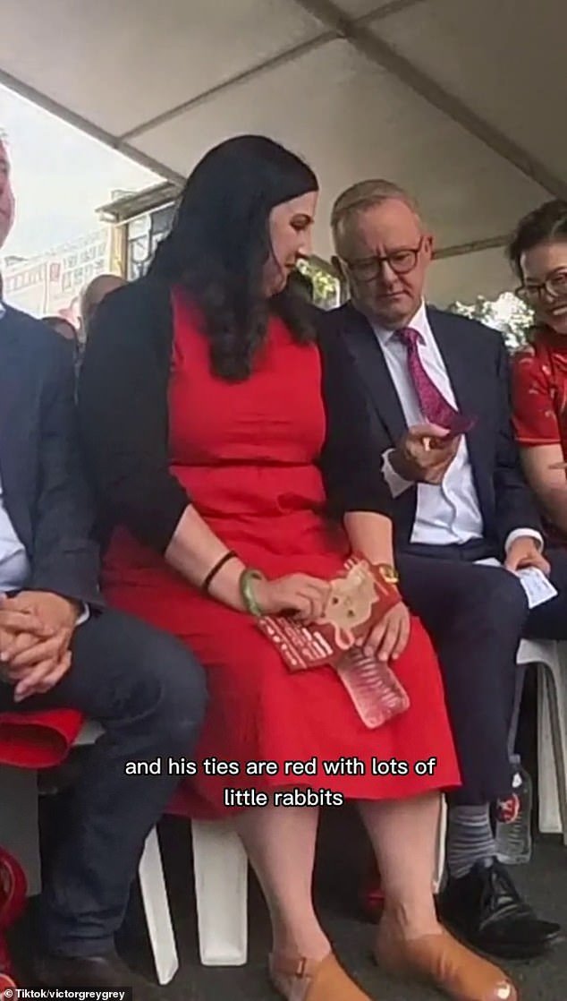 Albanese (right) was caught on camera on Sunday showing off his bunny tie at a Lunar New Year celebration in Box Hill, Melbourne.
