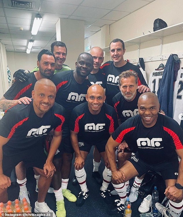 Wes Brown, Paul Rachubka, Louis Saha, Danny Webber, Darron Gibson, John O'Shea, Karel Poborsky and Quinton Fortune posed as they gathered for a Masters tournament