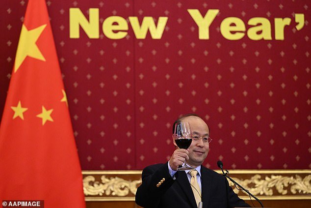 Chinese Ambassador to Australia Xiao Qian raises a glass of wine at the New Year's press meeting in Canberra (pictured), thanking the new Labor government for a 