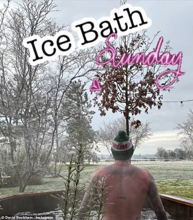 Feeling the cold: David braved the cold Sunday morning as he stripped down to a beanie to withstand an ice bath.