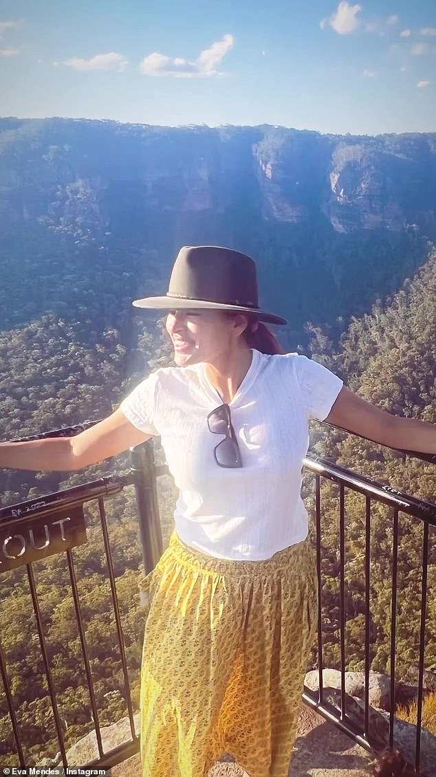Majestic view: Eva Mendes takes a moment to take in the views during a hike in Australia